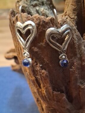 Silver Heart Drop Earrings with Blue Gemstone